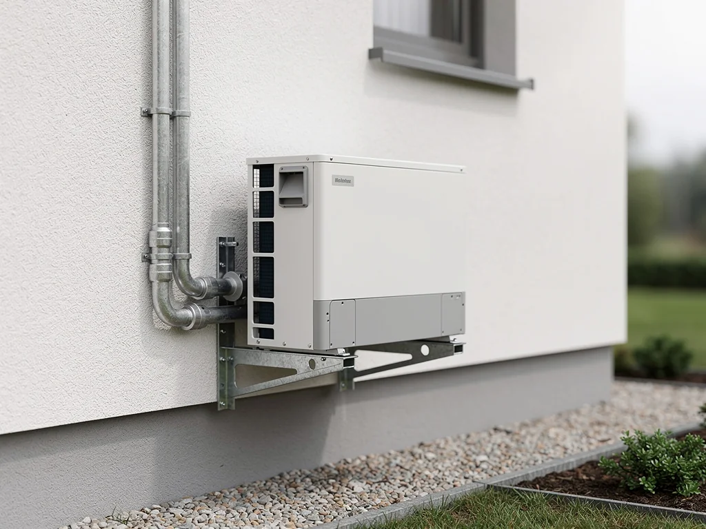 Unité extérieure de pompe à chaleur air/eau fixée sur une console au pied d'une maison