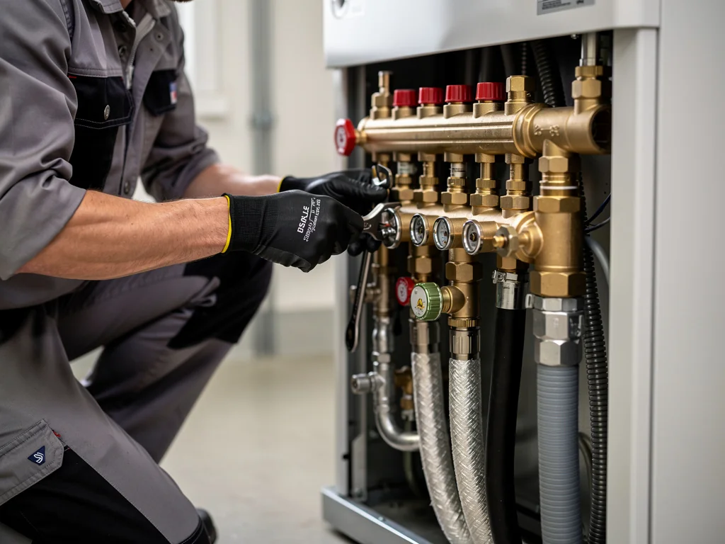 Installateur raccordant le module hydraulique d'une pompe à chaleur air/eau