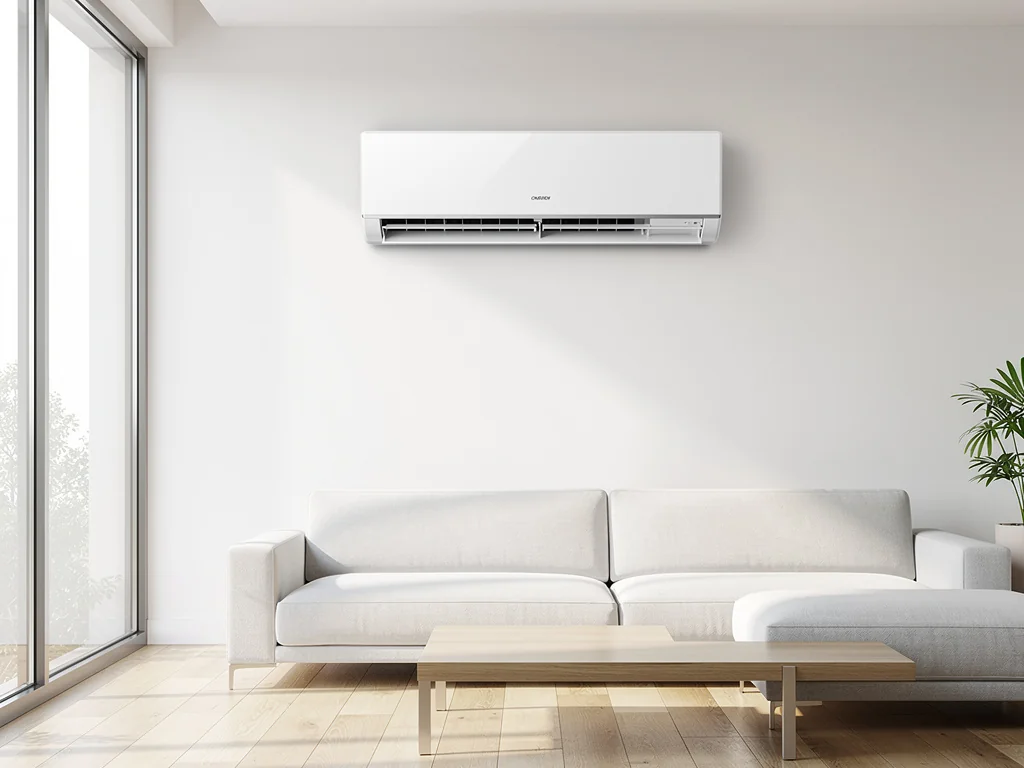 Climatiseur réversible air/air fixé en hauteur sur le mur d'un salon lumineux