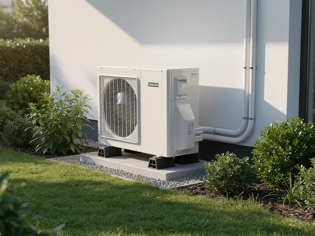 Groupe extérieur de PAC air/eau installé sur plots au jardin, raccordements nets